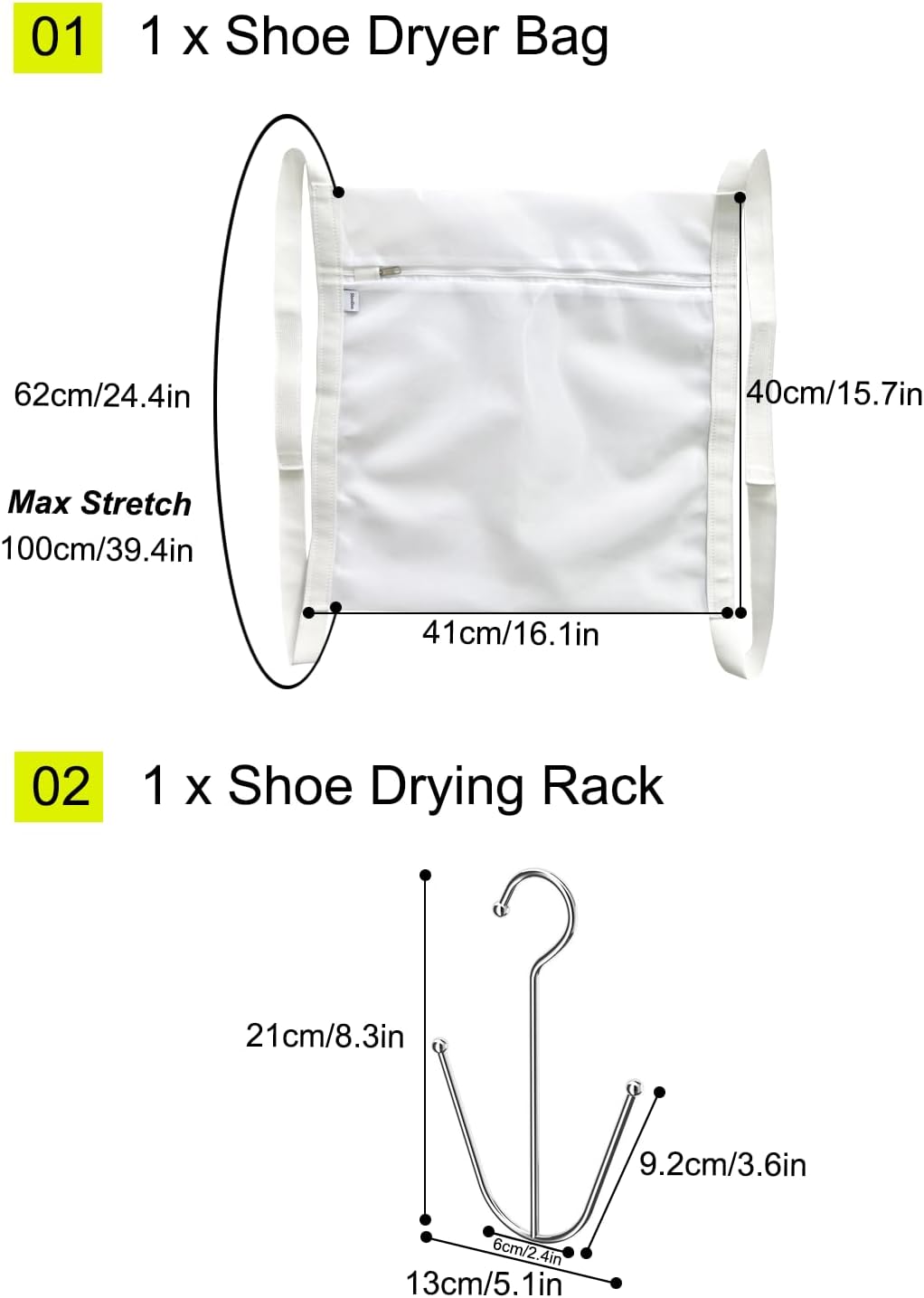 2-Piece Sneaker Dryer Bag and Shoe Drying Rack Set, Large Shoe Wash and Dry Net Bag for Dryer Door with Elastic Straps, Mesh Laundry Bag for Shoes, White, 15.7 x 16.1 Inches