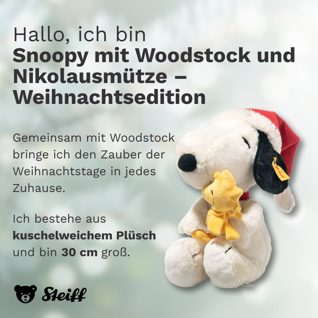 Steiff Kuscheltier Snoopy mit Woodstock und Nikolausmütze, Süßes Stofftier, Kinder, Jungen & Mädchen, Friends, 30 cm, Weiß, 684340