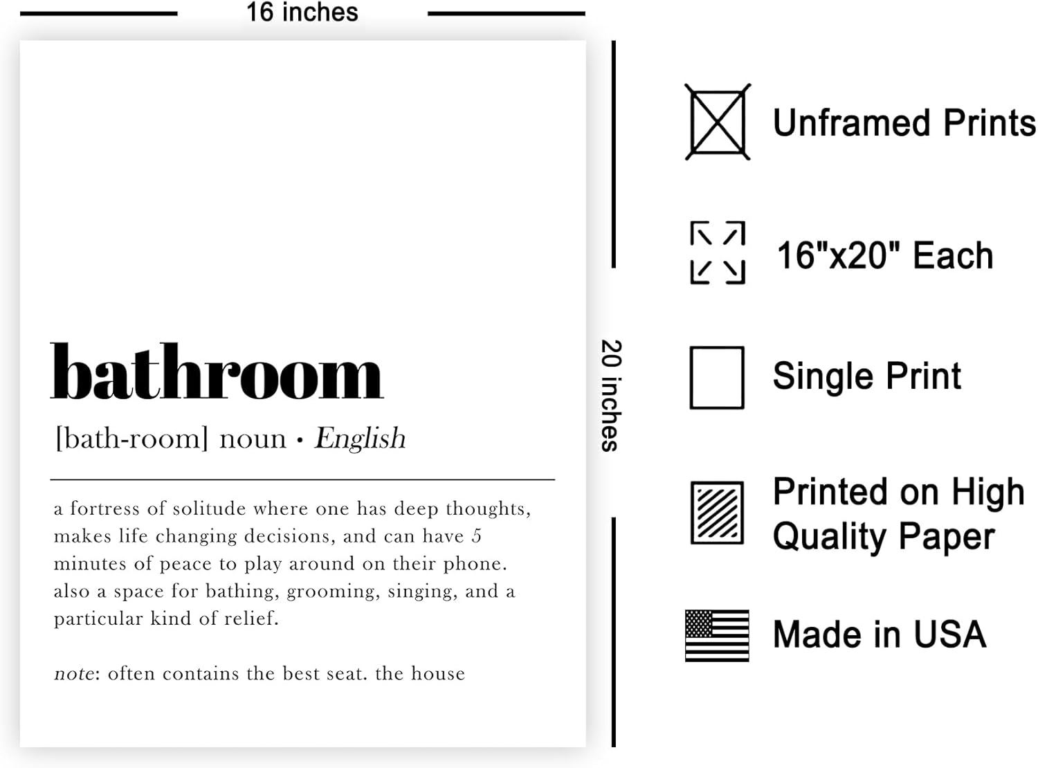 Poster Master Dictionary Art Poster - Bathroom Definition, Best Seat In The House, Joke, Humor, Minimalist - 16x20 UNFRAMED Wall Art - Gift for Family, Friend - Funny Print - Wall Decor for Restroom