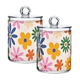 Fustylead 2 Pack Groovy Vibrant Bohemian Colorful Daisy Flowers Qtip Holder Dispensers, Bathroom Storage Canister Plastic Apothecary Jar Set for Cotton Swabs, Ball, Pads, Floss
