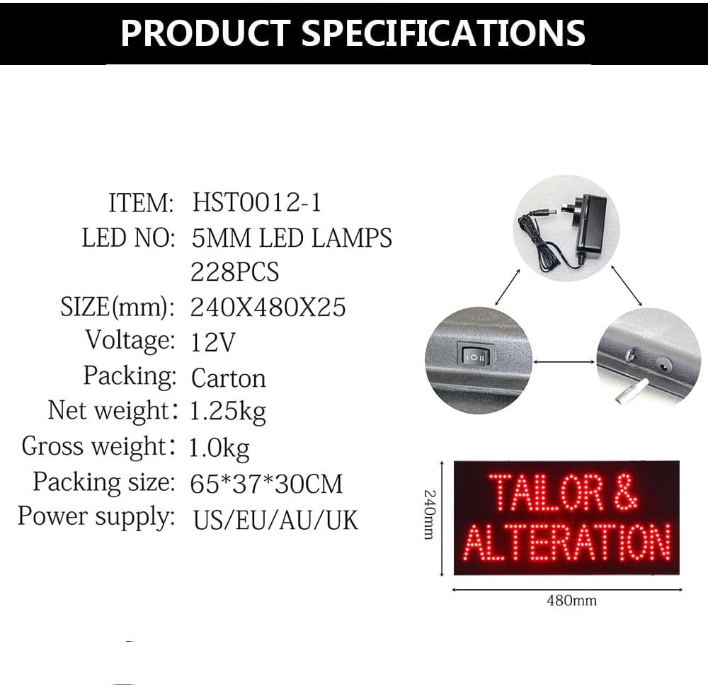 LED Tailor and Alteration Sign for Business, Super Bright LED Open Sign for Tailor, Electric Advertising Display Sign for Cloth Alteration Service Shop Store Storefront Window Decor. 19" x 10" (Red)