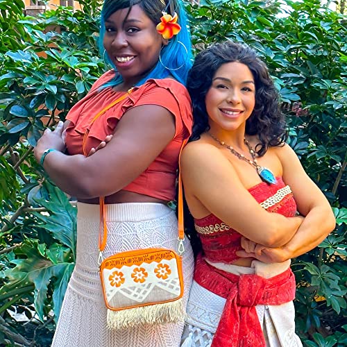 Image of Disney Bag, Horizontal Crossbody, Moana Embroidered Skirt Pattern with Hei Hei and Pua Pose, Raffia Straw