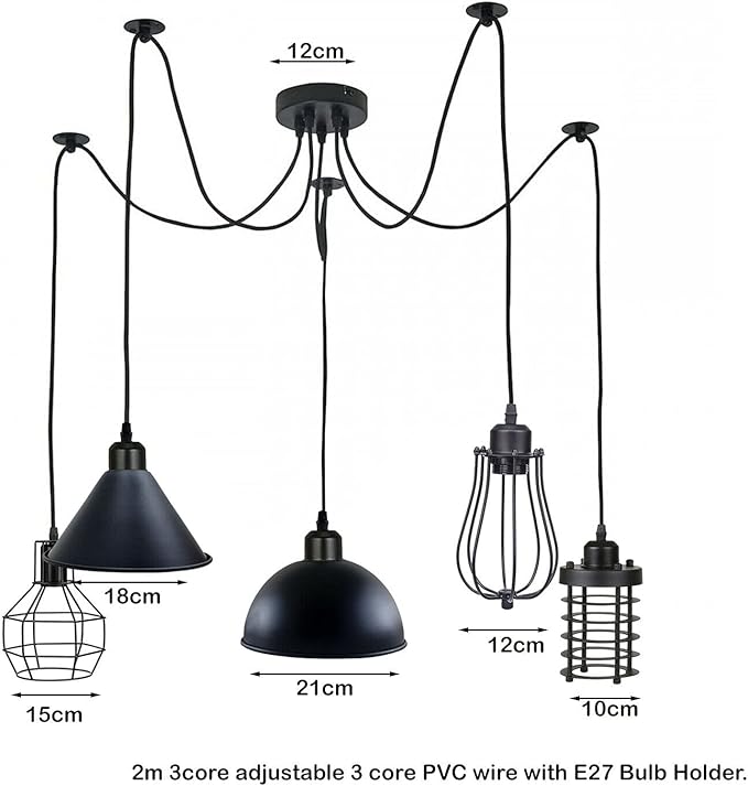 LEDSone LEDSone Vintage 5-kops Spider Lamp hanglamp in hoogte verstelbaar metalen zwarte kooi lampenkap retro industriële plafondlamp kroonluchter met E27 fitting (Stijl 4 zonder lamp) photo 2