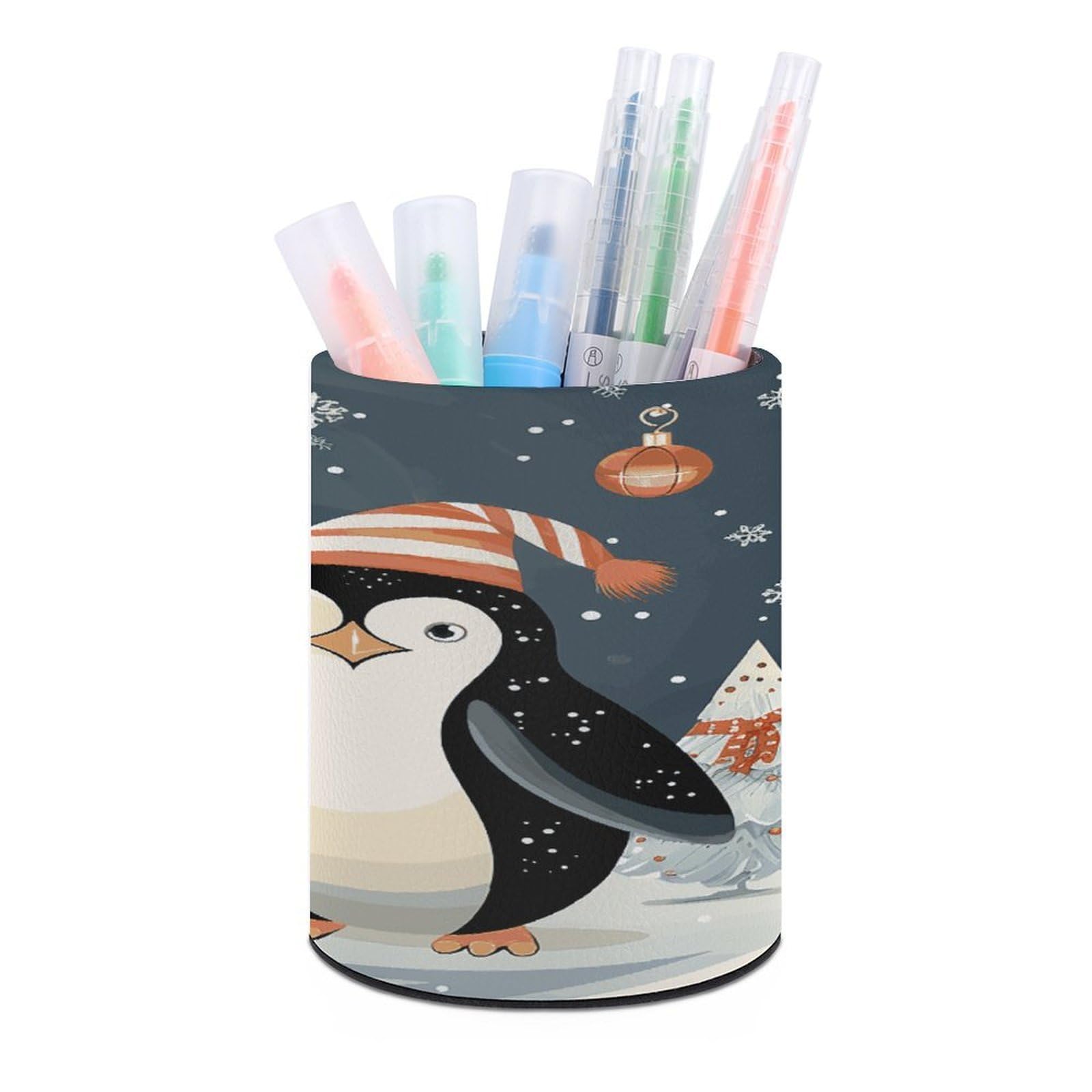 LDGSUPH Merry Christmas Penguins Round Pen Holder Leather Pen Cup Pencil Cup Pen Organizer Pencil Holder for Desk Organizer Pencil Organizers Makeup Brush Holders for Home Office Gift