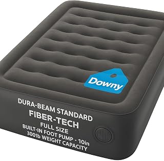64762E Dura-Beam Standard Downy Air Mattress with Fiber-Tech Construction – Full Size Inflatable Bed – Built-in Foot Pump – 10-Inch Height – Supports Up to 300 Pounds – Durable and Comfortable Airbed