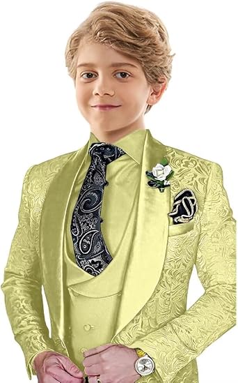 SAROULU Kids Jacquard Tuxedo Suits for Boys Formal Boy Suit 3 Piece Outfit Set with Blazer Vest Pant for Wedding Prom Party