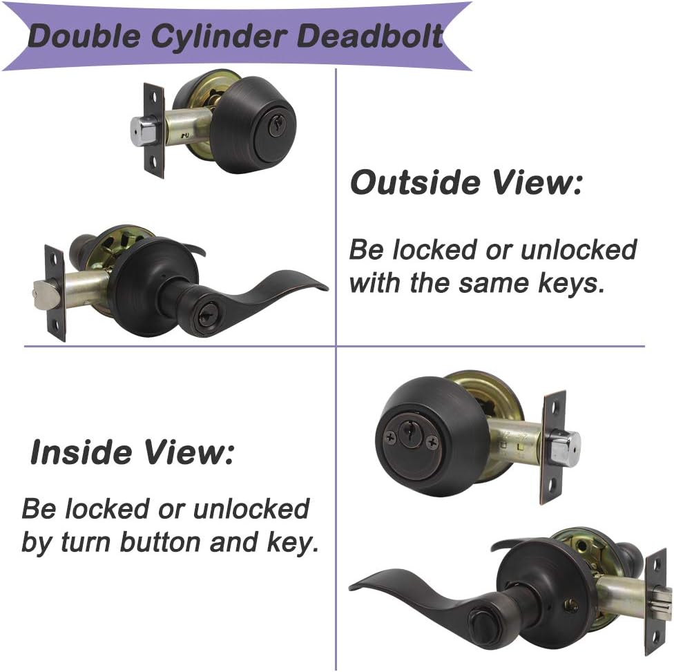 Super Brands Probrico Hardware Heritage Front Door Entry Lever Lockset with Double Cylinder Deadbolt Combination Set Keyed Alike with Oil Rubbed Bronze 4 Pcak