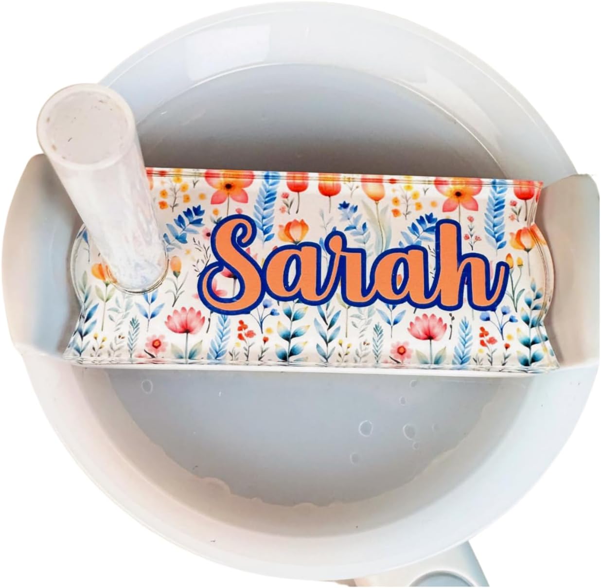 Personalized Tumbler Topper Tag Name Plate 40oz H2.0 Lid Accessories Handmade by The Painted Pug (Blue Orange Floral)