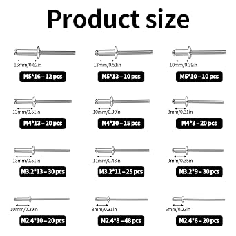 260 Pcs Pop Rivets Assortment Kit, Aluminum Blind Rivet Assortment, Pop Blind Rivets for Metal, Furniture, Car, Ships, Marine Construction(Silver, M2.4 M3.2 M4 M5)