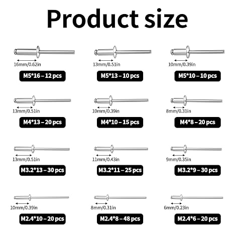 260 Pcs Pop Rivets Assortment Kit, Aluminum Blind Rivet Assortment, Pop Blind Rivets for Metal, Furniture, Car, Ships, Marine Construction(Silver, M2.4 M3.2 M4 M5)