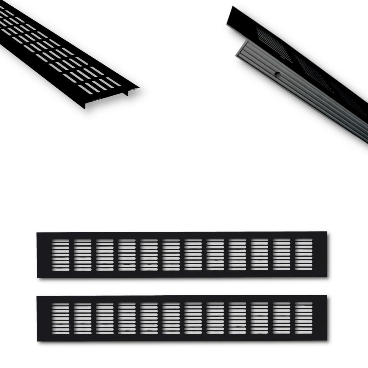 Juego de rejillas de ventilación de aluminio, 50 x 8 cm, color negro, 2 unidades de 500 mm, ventilación ideal para cocina, baño, inodoro, armario, protección contra insectos, chapa