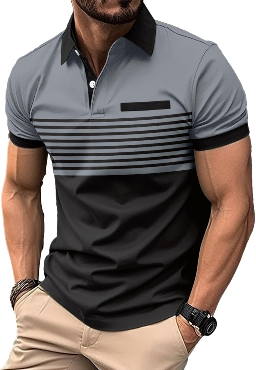 Mens Fashion Color Block Polo Shirts Casual Short Sleeve T Shirt Striped Moisture Wicking Golf Shirts Tops