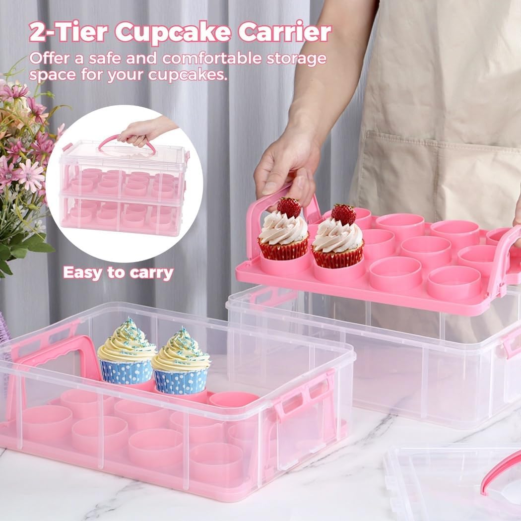 2-Tier Cupcake Carrier with Handle, Stackable 24-Cupcake Holder, Clear Plastic Storage Container with Lid & Secure Snaps
