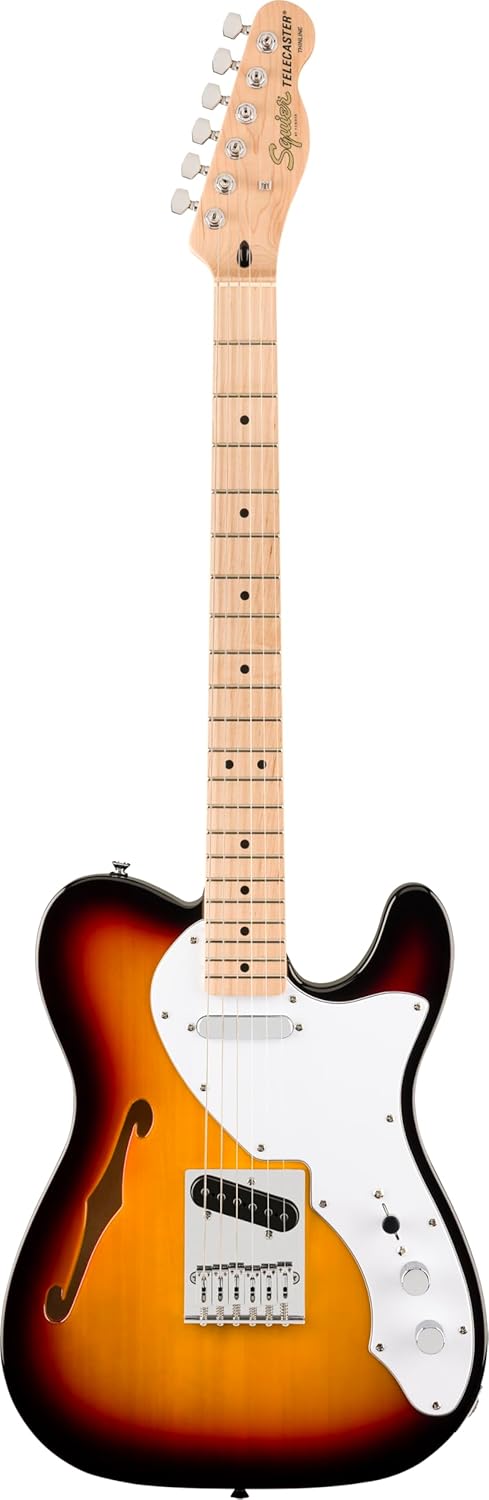 Guitarra elétrica Fender Squier Affinity Telecaster Thinline Sunburst com escala de bordo, vista frontal completa, corpo com design clássico sunburst de 3 cores e braço claro, fundo branco.