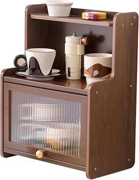 Wooden Mug Holder Countertop, Coffee Station Organizer, Counter Shelf for Tea Coffee Bar Accessories, Matcha Stand, Kitchen Condiment Storage Rack, Countertop Cabinet,Deep Brown,13.78IN