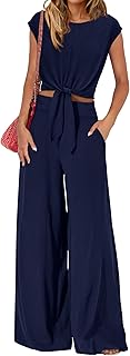 Women 2 Piece Lounge Sets 2026 Casual Summer Outfits Cap Sleeve Strappy Crop Tops Wide Leg Pant Tracksuit