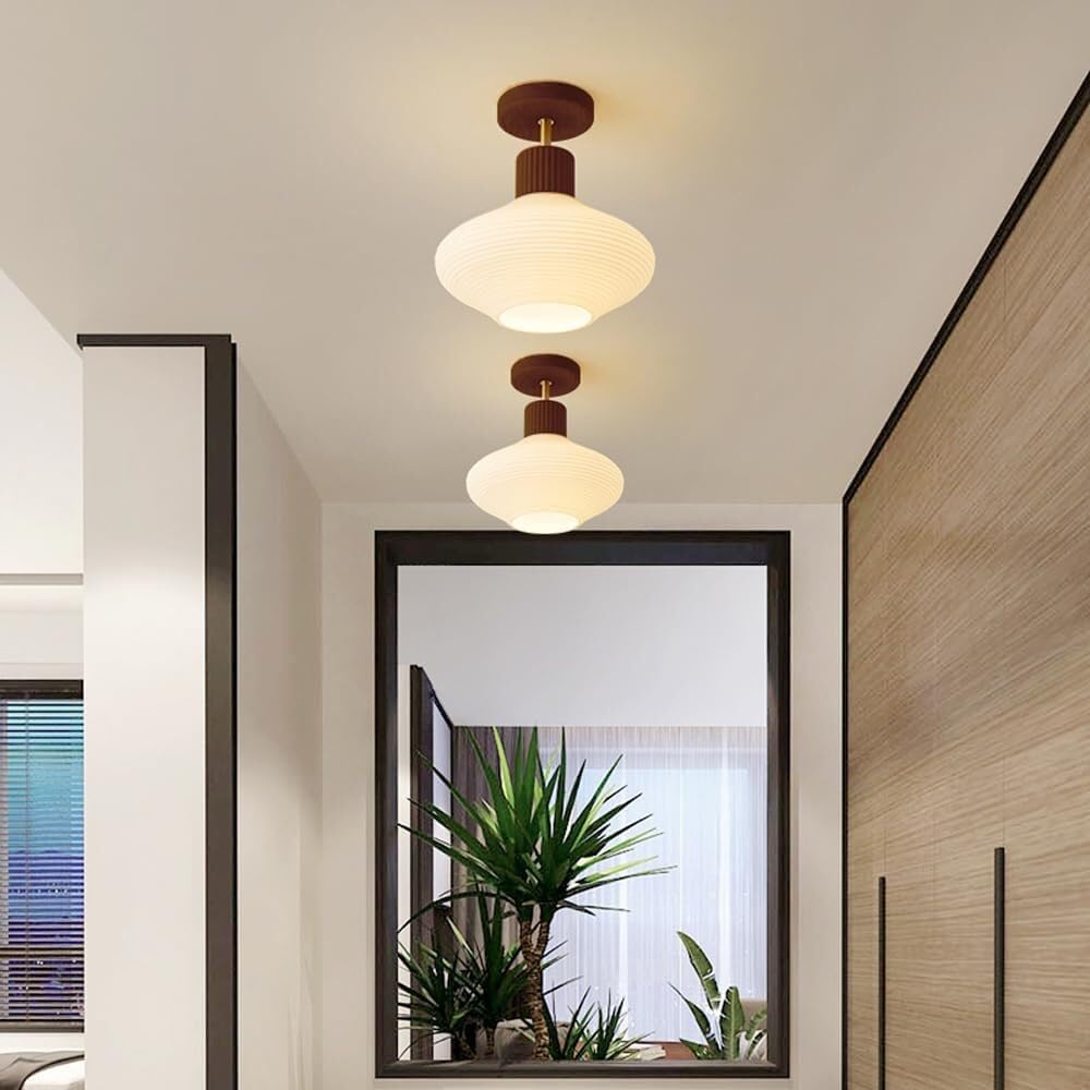 Semi Flush Mount Ceiling Light Fixture, Modern Close to Ceiling Lamp with White Rippled Grooved Glass Shade, Farmhouse Hanging Lighting Fixtures for Nursery Bedroom Hallway Entryway
