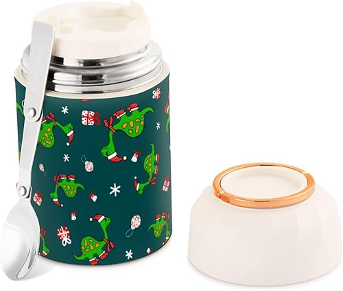 Christmas Green Dinosaurs Gifts Food Jar with Spoon Stainless Steel Vacuum Insulated Food Container 17 oz Soup Thermos for Hot Food