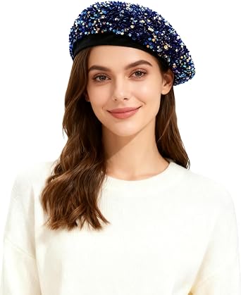 Sparkly Sequin Beret for Women Glitter Velvet Beanie French Beret Hats Adjustable Painter Cap Fall Winter Hat