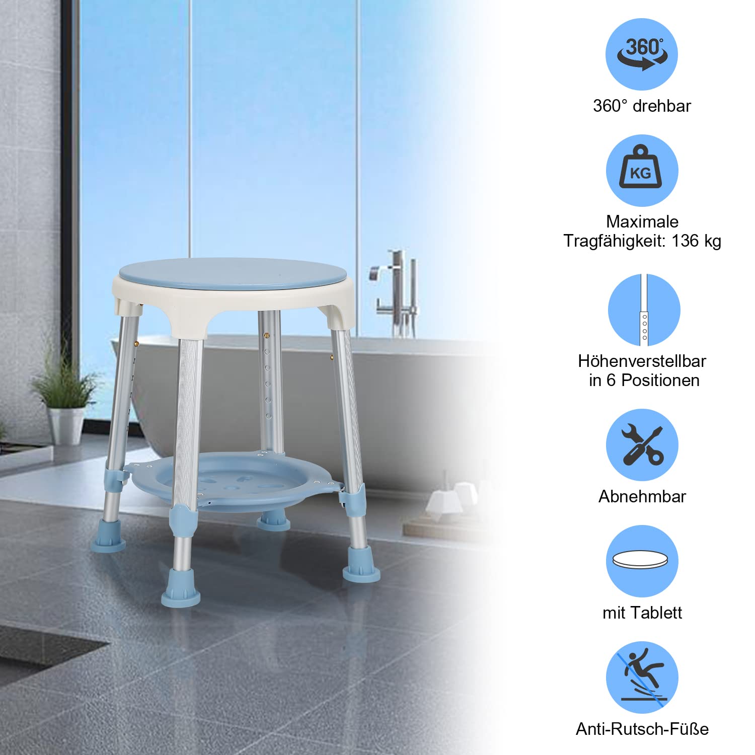 Taburete de Ducha, Silla de Ducha Giratoria 360° con Paletas y Bola de Baño, Altura Ajustable 42-54 cm Taburete, Ayuda para la Ducha, Asiento de Ducha para Ancianos y Mujeres Embarazadas