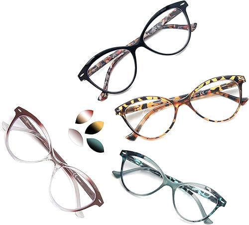 MODFANS 4 Pack Fashion Designer Cat Eye Reading Glasses for Womens with Spring Hinge Stylish Comfortable Readers