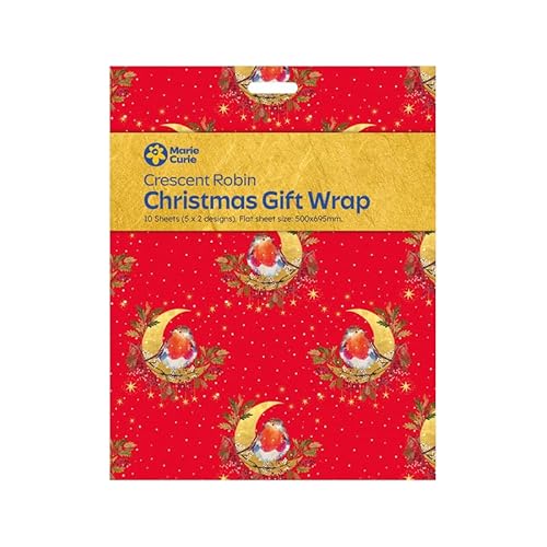 Marie Curie Charity Crescent Moon Robin Christmas Gift Wrap Wrapping Paper, 10 Sheets, 2 Designs