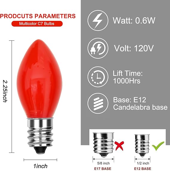 Abeja C7 LED Christmas Replacement Bulbs, 25 Pack C7 Ceramic Red Light Bulb, 0.6W Night Light Bulbs, LED Vintage Replacement Bulbs for Christmas Outdoor Indoor String Lights, E12 Candelabra Base