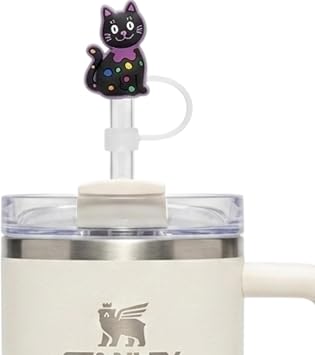 Siyah Kedi Fig rl  Pipet Ucu Kapa ,Silikon Pipet T pas  10mm Sevimli Kedi Temal , Tumblerlar ile Uyumlu