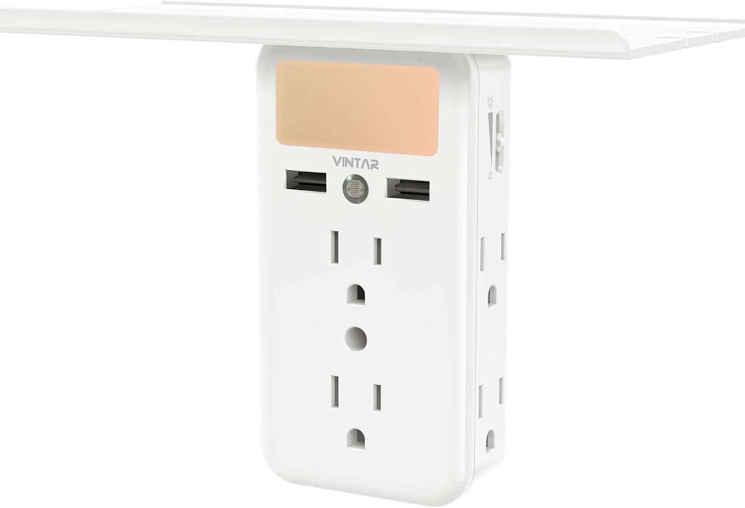 VINTAR Outlet Shelf-Wall Outlet Extender with Built-in Shelf, Multi Plug Outlet with Adjustable Night Light,6 Power Outlets 2 USB Ports,ETL Certified.