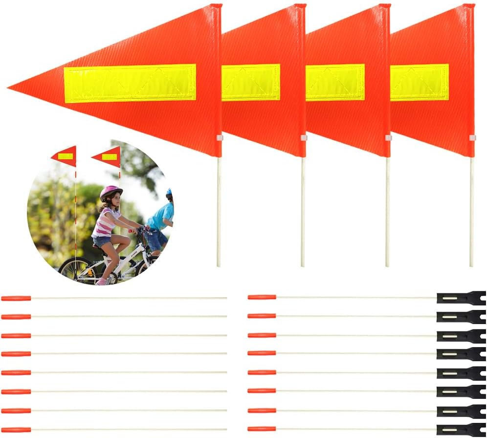 Uelfbaby 4Pcs Bike Safety Flag With Reflective Stripe - 6 Ft Heavy Duty Fiberglass Pole, Polyester Full Color Tear-Resistant Waterproof Orange Double-Sided Reflective Flag