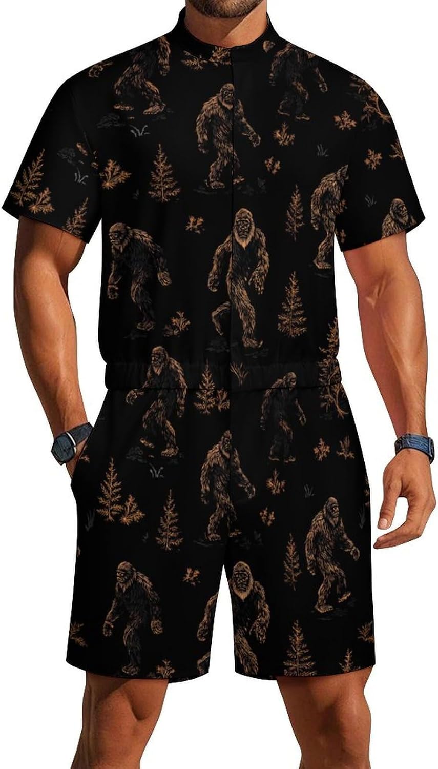 Bigfoot Pattern Novelty Men's Short Sleeve Romper Zipper Slim Fit Jumpsuit with Pockets
