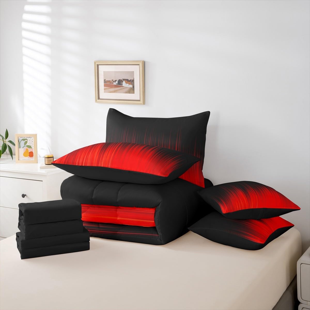 Erosebridal Modern Comforter Set Red Bed in A Bag Queen Size 7 Pieces Ombre Aesthetic Gradient Adults Kids Women Bed Set Abstract Bedding