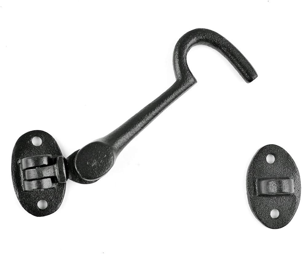 Renovators Supply Manufacturing Door Latch Lock 4.5 in. Black Wrought Iron Swivel Style Hook and Eye Latch for Door with Mounting Hardware