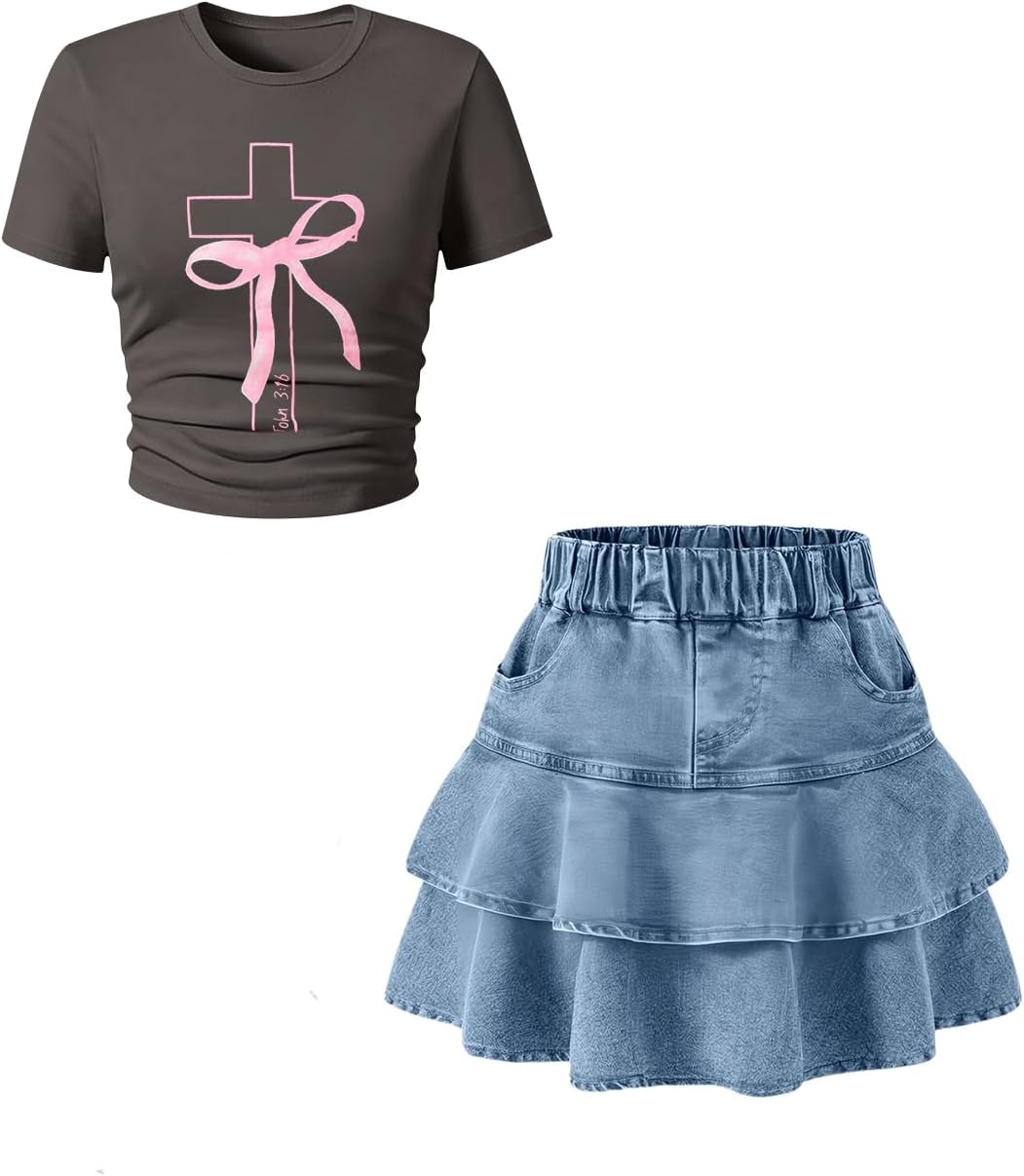 Cakaner Tween Girls Skirt Set Short Sleeve T-Shirt and Ruffle Tiered Denim Skirt Summer Casual 2 Piece Outfit Size 7-14