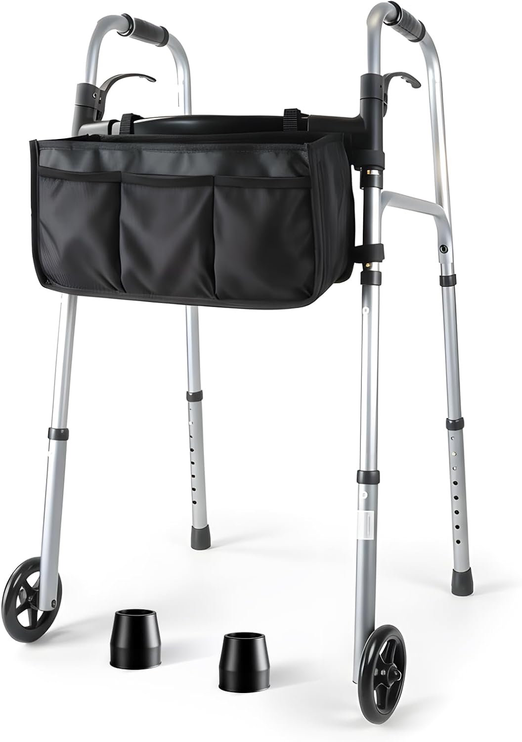 Olycism Folding Walker for Seniors with Basket - Lightweight Adjustable Height, 400 lbs Capacity, Portable for Elderly & Bariatric (Silver + Black)