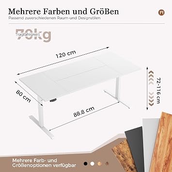 Klicelor Height Adjustable Electric Desk 120 x 80 cm Sit-Stand Office Table Computer Desk with Memory Function Standing Desk Gaming Table with Four Piece Table Top White
