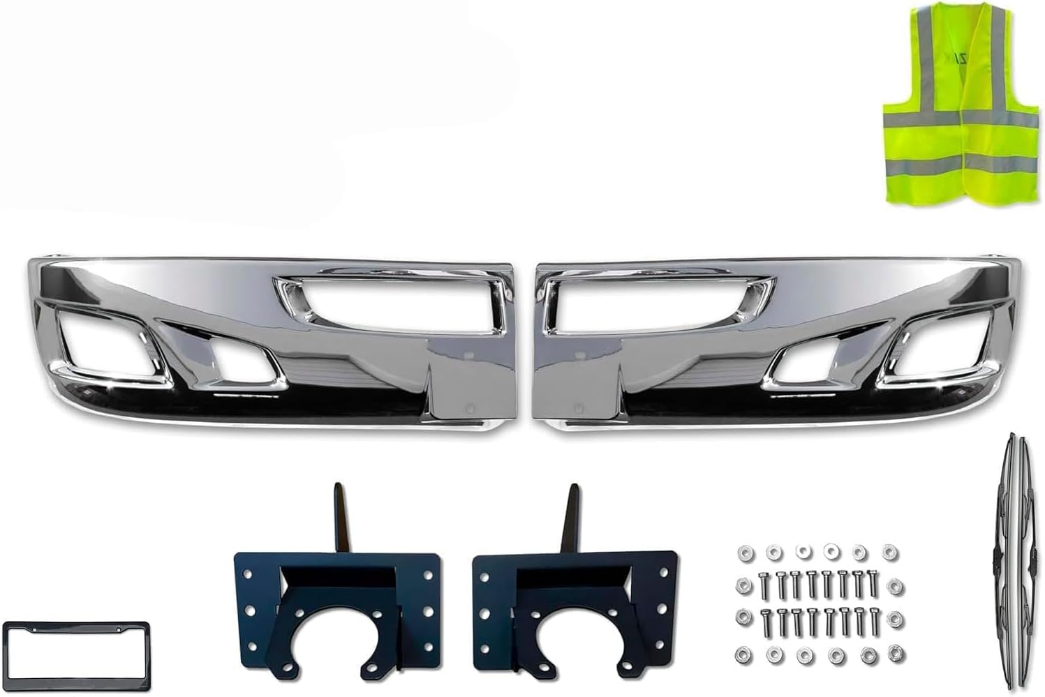 KOZAK Chrome PLASTIC Bumper Extension Corners (Driver Left and Passenger Right Side) Pair w/Brackets SET Compatible with Kenworth T660 PLUS Logo, Windshield Wipers, Frame License Plate, Vest