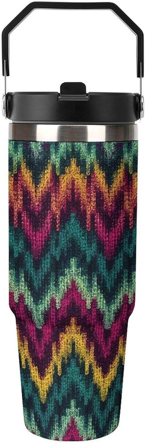 30oz Insulated Tumblers with Top Handle, Stainless Steel Colorful Knitted Pattern Car Cup with Straw for Gift, Leak-Proof Double Wall Vacuum Travel Mug, Personalized Water Bottles Black