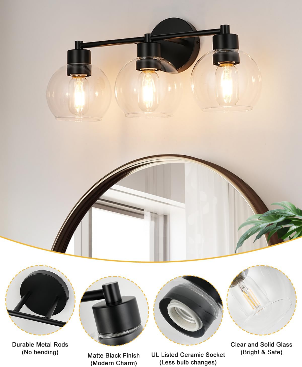 WILON Black Bathroom Light Fixtures Over Mirror, 3-Light Bathroom Vanity Light with Clear Glass Shades, Farmhouse Bath Sconce Wall Lamp with E26 Base, Wall Sconces for Bedroom, Hallway