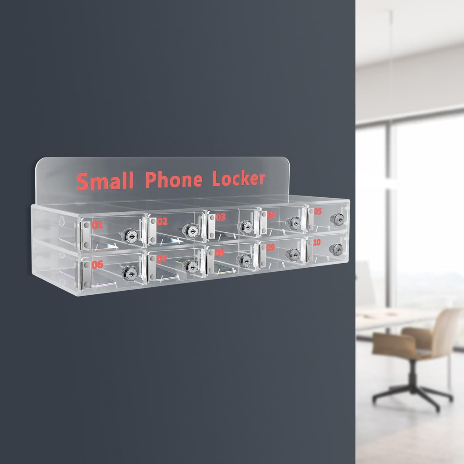 Mobile Phone Storage Box Transparent Acrylic Mobile Phone Security Locker with Key,10-Slot Wall-Mounted Cell Phone Locker - Acrylic Storage Cabinet with Lock & Keys, Clear Mobile Device Orga