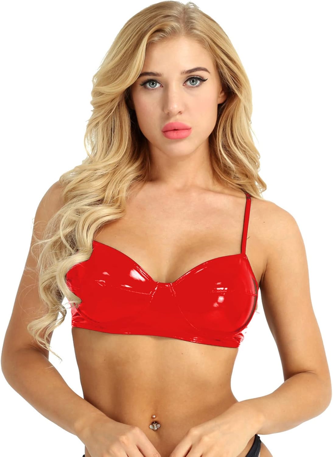JanJean Womens Wet Look PVC Leather Triangle Bra Wire-Free Unlined Bralette Bikini Top Clubwear