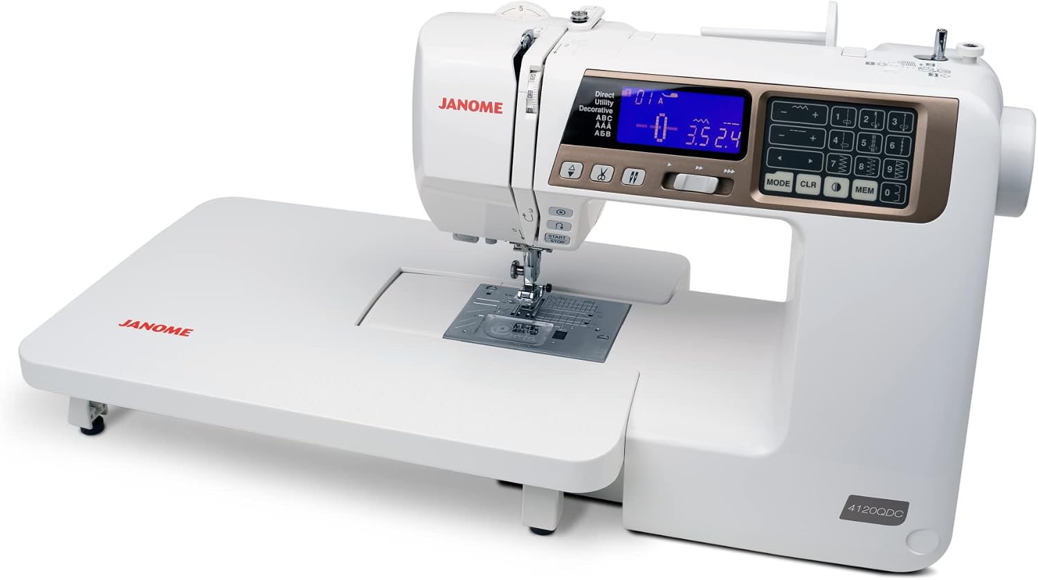 Janome 4120QDC Computerized Sewing Machine (New 2023 Purple Color) w/Hard Case + Extension Table + Instructional DVD + 1/4" Seam Foot w/Guide + Overedge Foot + Zig Zag Foot + Buttonhole Foot + More!