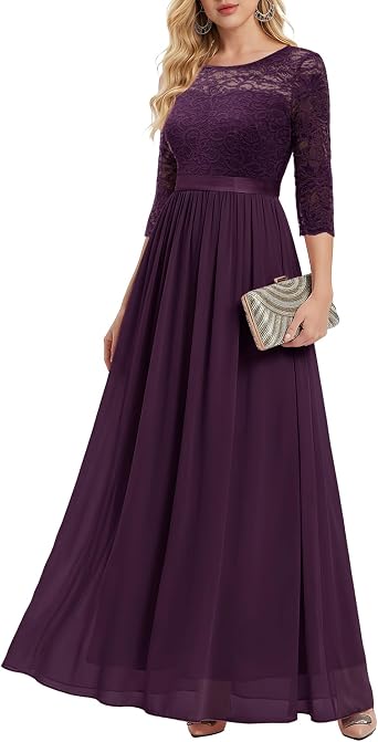 BeryLove Women Long Sleeve Formal Wedding Guest Mother of the Bride Dress | Lace & Chiffon Fabric, Elegant Modest Maxi Gown, Ideal for Prom, Bridesmaid, Cocktail Party, Evening Gala