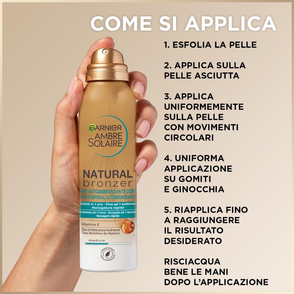 Garnier Spray Autoabbronzante Natural Bronzer, Per un'Abbronzatura Uniforme e Naturale, A Rapido Assorbimento, Azione Nutriente, Con Olio di Albicocca e Vitamina E, Ambre Solaire, 150 ml