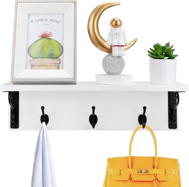 Eitida Entryway Coat Rack Shelf, Wall Mounted Hanging Rack with 3 Mental Hooks, Floating Organize Storage Uses as Key Holders Hat Organizer Decorate, Hanging for Hallway, Entryway_White