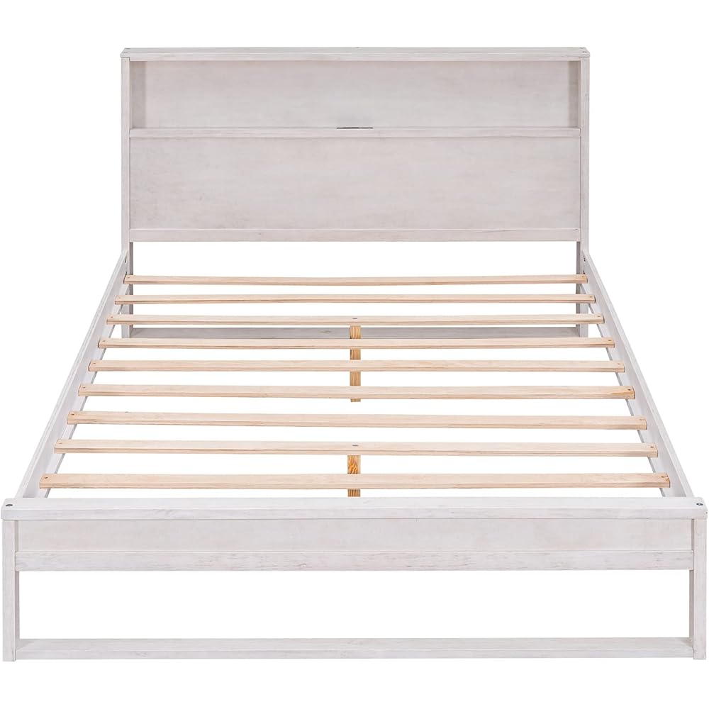 Wood Queen Bed Frames , Queen Size Platform Bed with Storage Headboard and USB