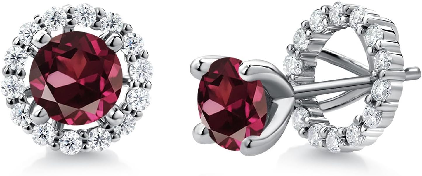 Gem Stone King 925 Sterling Silver 6MM Round Gemstone Birthstone and White Moissanite Removable Jacket Stud Halo Earrings For Women