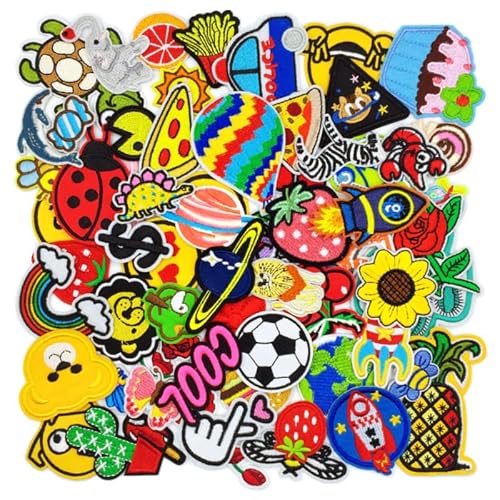 65 Pcs Assorted Embroidery Iron On Patches Sew on/Iron on Random Embroidered Patches Cute Cartoon Fabric Applique DIY Decoration Repair Holes Accessory for Clothes,Jeans,Backpacks,Jacket,Hats