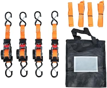 1 x 12 Retractable Ratchet Straps Kit with Safety Lock S Hook, 4 Soft Loops & Storage Bag - Self Ratcheting Tie Down Strap with 500 lbs WLL for Boat, Jet Ski, ATVs, Bikes - Orange