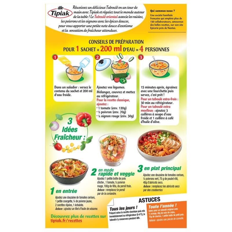 Tipiak Taboulé Orientale 300G - Préparation de semoule fine et légumes du soleil pour une salade fraîche et parfumée - Idéal pour vos repas d'été et vos - Lot De 4 - Vendu Par Lot